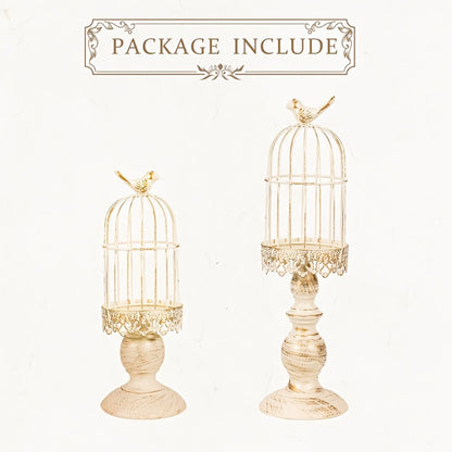 Birdcage Candle Holder Set of Two with Metal Pedestal Bases, Bird Finials, 30cm and 38cm Heights in Black or White
