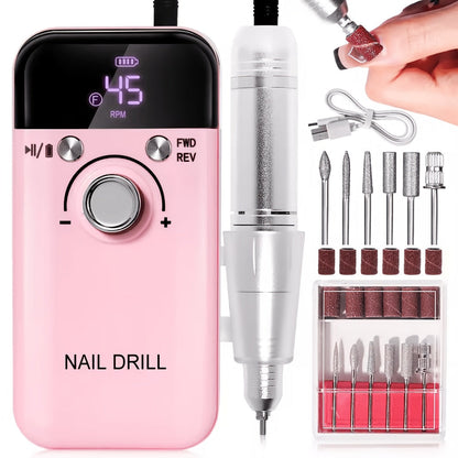Electric Nail Drill 45000 RPM Rechargeable Kit with Bits, Sanding Bands and Three Model Color Options