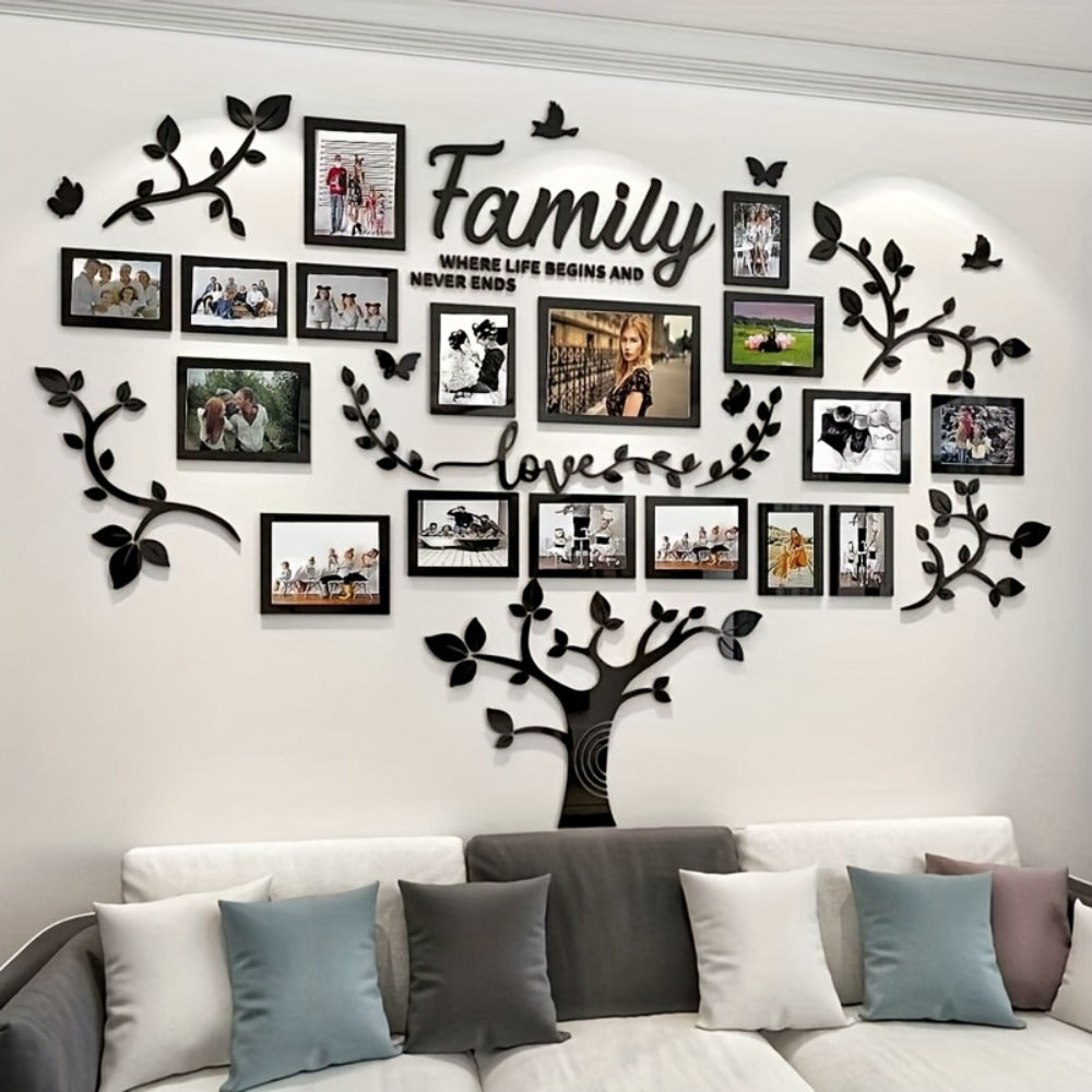 Family Tree Acrylic-Look Wall Decal and Photo Frame Collage with Leaf Shapes, Family and Love Text