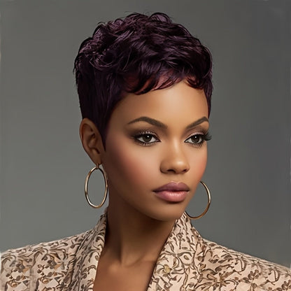 Layered Pixie Wig with Bangs Body Wave Rose Net Cap 4 Inch Synthetic Multi Color Black Burgundy Brown Red for Women Low Maintenance Casual Formal Daily Wear Party