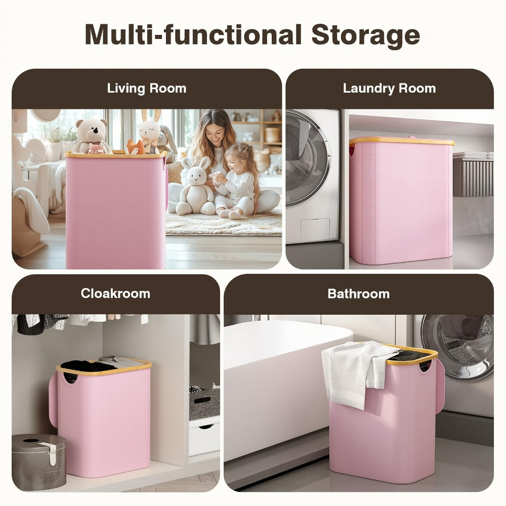 Pink 145L Laundry Hamper with Lid, Three Sorting Sections, Bamboo-Look Handles and Removable Inner Bags