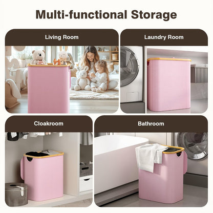 Pink 145L Laundry Hamper with Lid, Three Sorting Sections, Bamboo-Look Handles and Removable Inner Bags