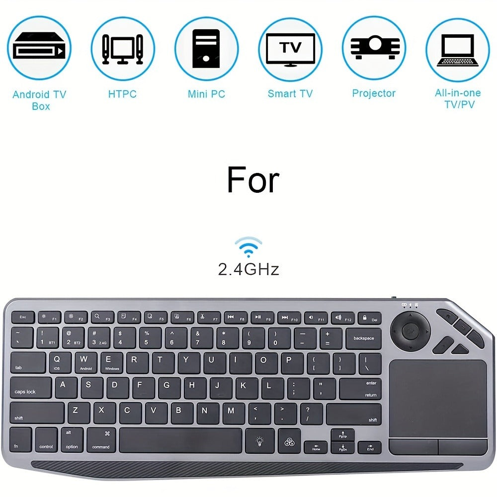 Touchpad Wireless Keyboard 2.4G Dual Mode – Backlit Multimedia Hotkeys, Type-C Rechargeable, All-in-One Remote for Smart TV, Android TV Box, Tablet, PC & Computer | Deep Grey