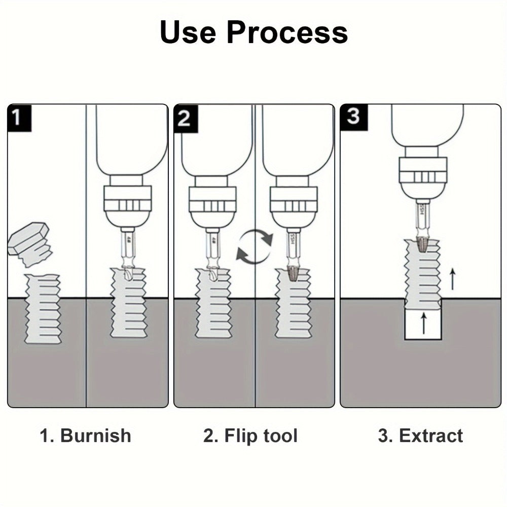 Ten-Piece Screw Extractor Set with Left-Hand Spiral Heads, Hex Drive Ends and Sizes from 1/8 to 13/32 Inch