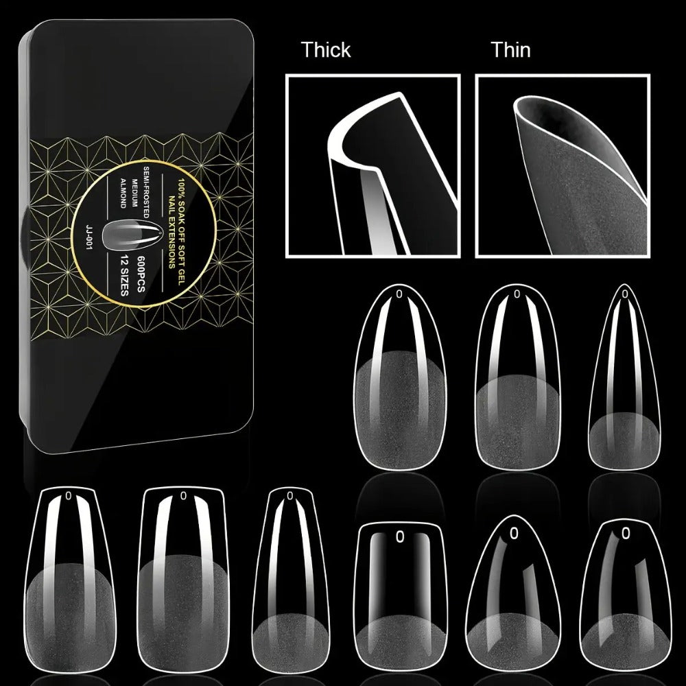 Clear Full-Cover Nail Tips, 600-Piece Set in Nine Almond, Oval, Stiletto, Coffin and Square Length Options