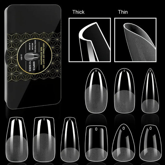 Gel Nail Tips 600 Pieces Clear Crystal Full Cover Nail Extensions – Almond Oval Coffin Stiletto Square Short Medium Long Soft Gel False Nails for Salon & DIY Nail Art Women