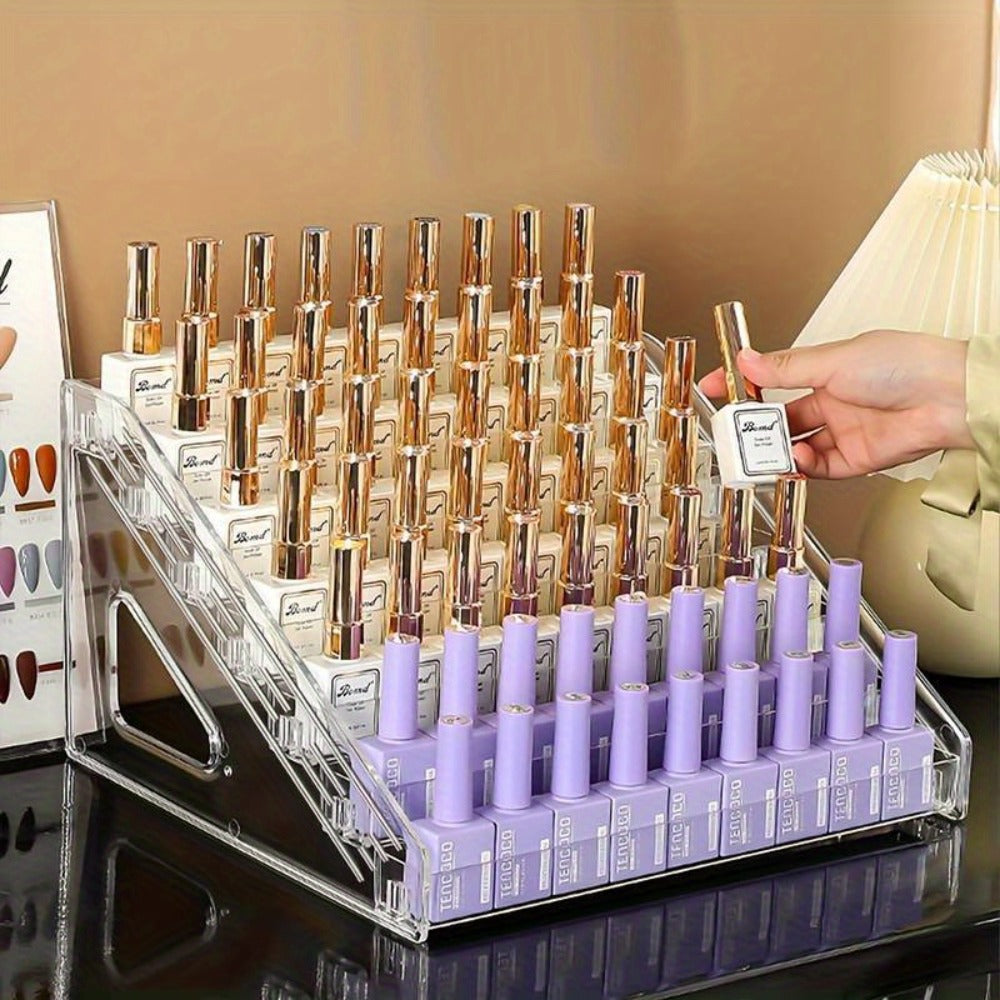 Four-Tier Transparent Nail Polish Organizer with Stepped Rows, Side Panels and Countertop Display Design