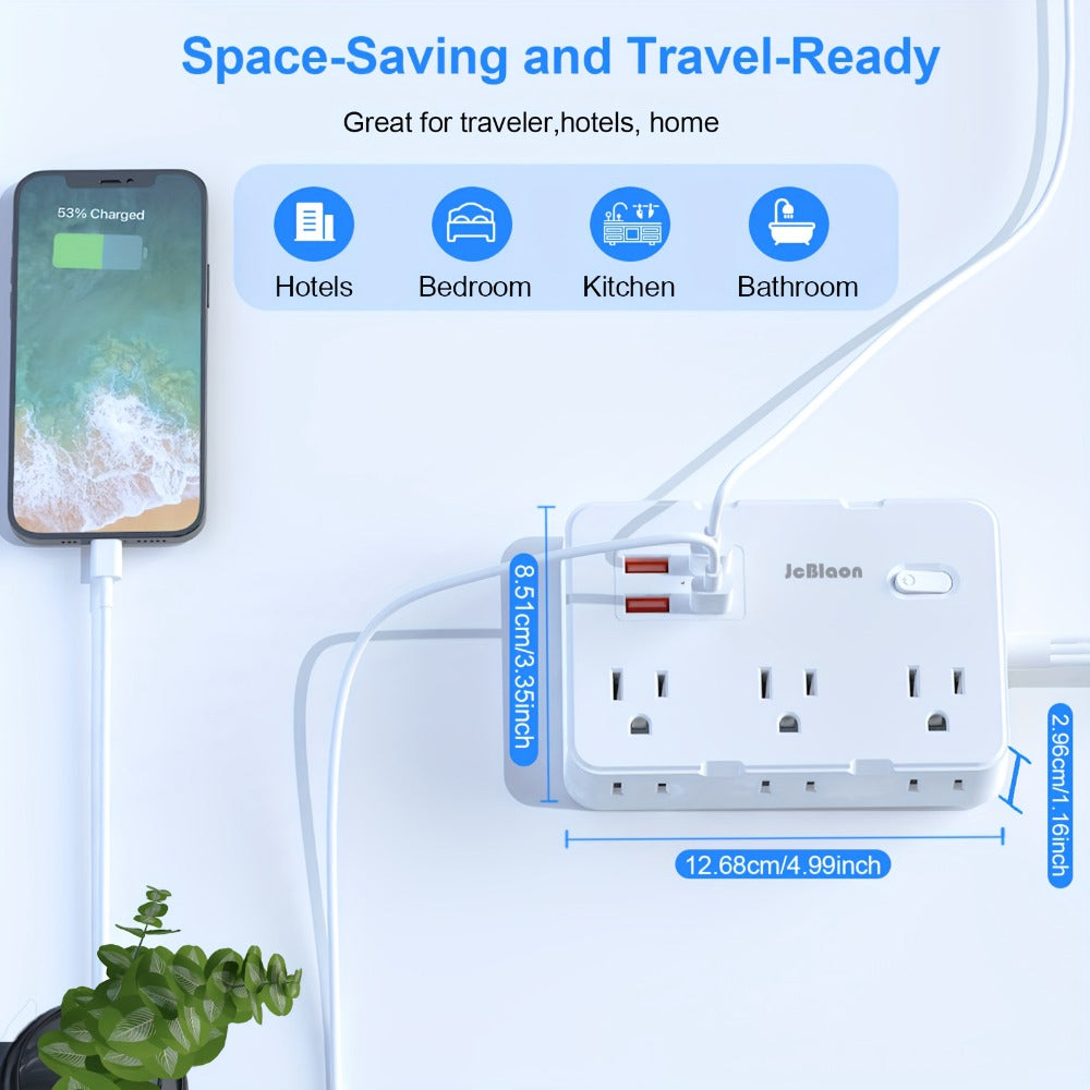Flat Plug Extension Cord Surge Protector 10-in-1 with 6 AC Outlets 2 USB-C 2 USB-A Ports 5ft Ultra Thin Power Strip 5V/3.1A Wall Mount Charging Station for Home Office Dorm – Black & White