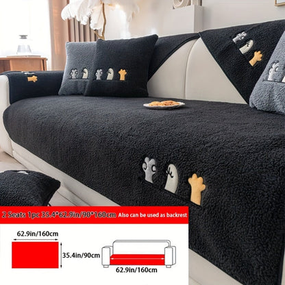Sofa Cover Thick Plush Shearling Panels with Animal and Bone Embroidery and Non-Slip Feature for 2 to 4 Seats