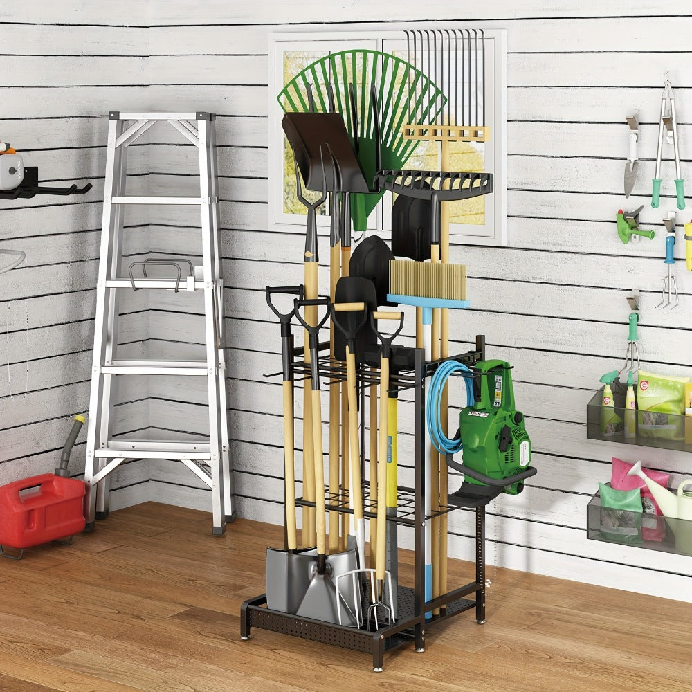 Garden Tool Organizer for Garage – Metal Yard Tool Storage Rack with Hooks & Wheels for Long-Handled Tools, Broom, Shovel, Rake, Mop – Heavy Duty Freestanding Tool Stand Holder, Black
