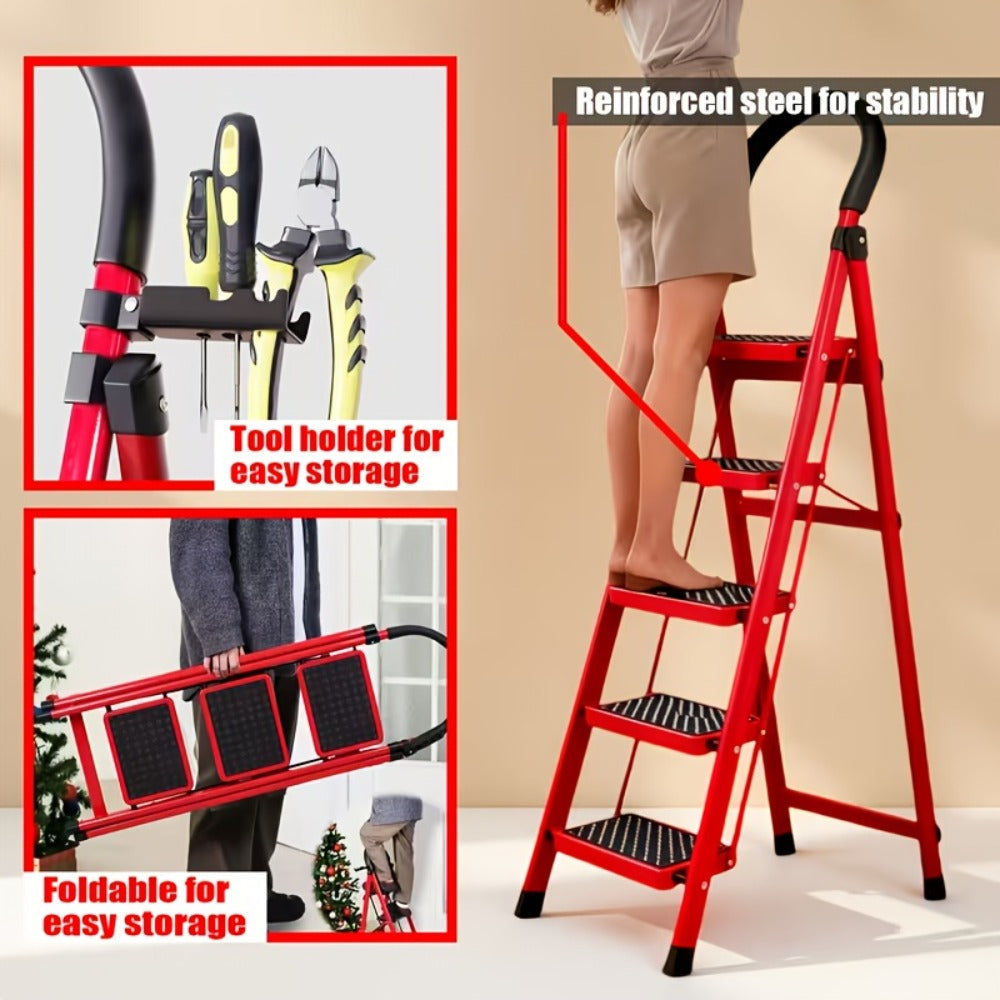 Folding Step Stool Ladder 500lbs Heavy Duty Steel with Anti-Slip Wide Treads & Handrails – Safety Lock, Portable Multi-Step Ladder for Home, Kitchen & Outdoor Use, Mini / Medium / Large