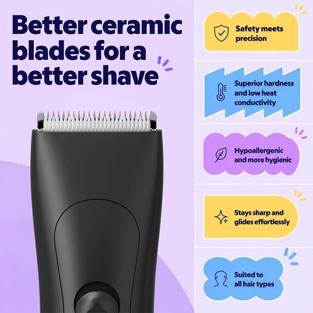 Ceramic-Blade Body Hair Trimmer with IPX6 Rating, Two Guide Combs and Black or Purple Options