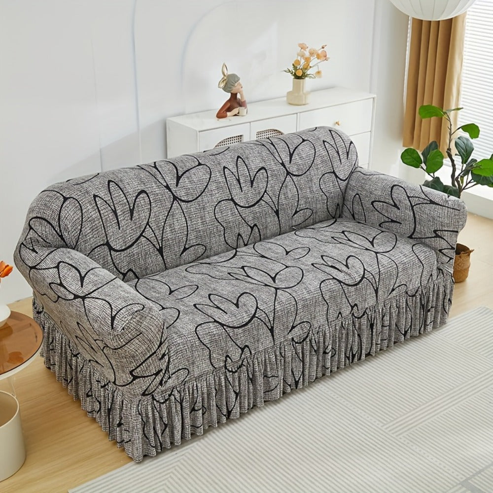 Sofa Cover Gray Printed Skirt Slipcover with Elastic Stretch Fit for 1, 2, 3 or 4-Seater Sofas