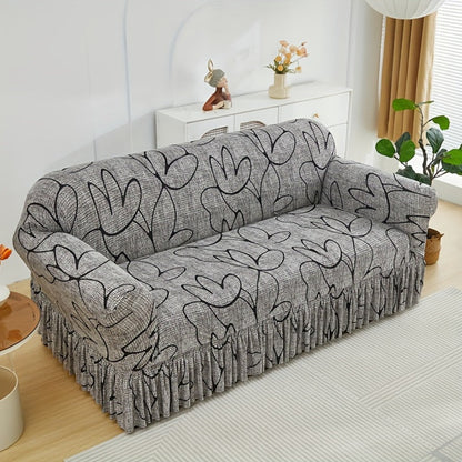 Sofa Cover Gray Printed Skirt Slipcover with Elastic Stretch Fit for 1, 2, 3 or 4-Seater Sofas