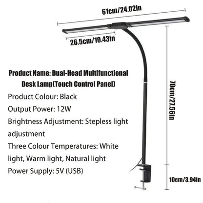 Dual-Head LED Desk Lamp with 28-Inch Light Bars, Clamp Base, USB Controller and Three Color Modes