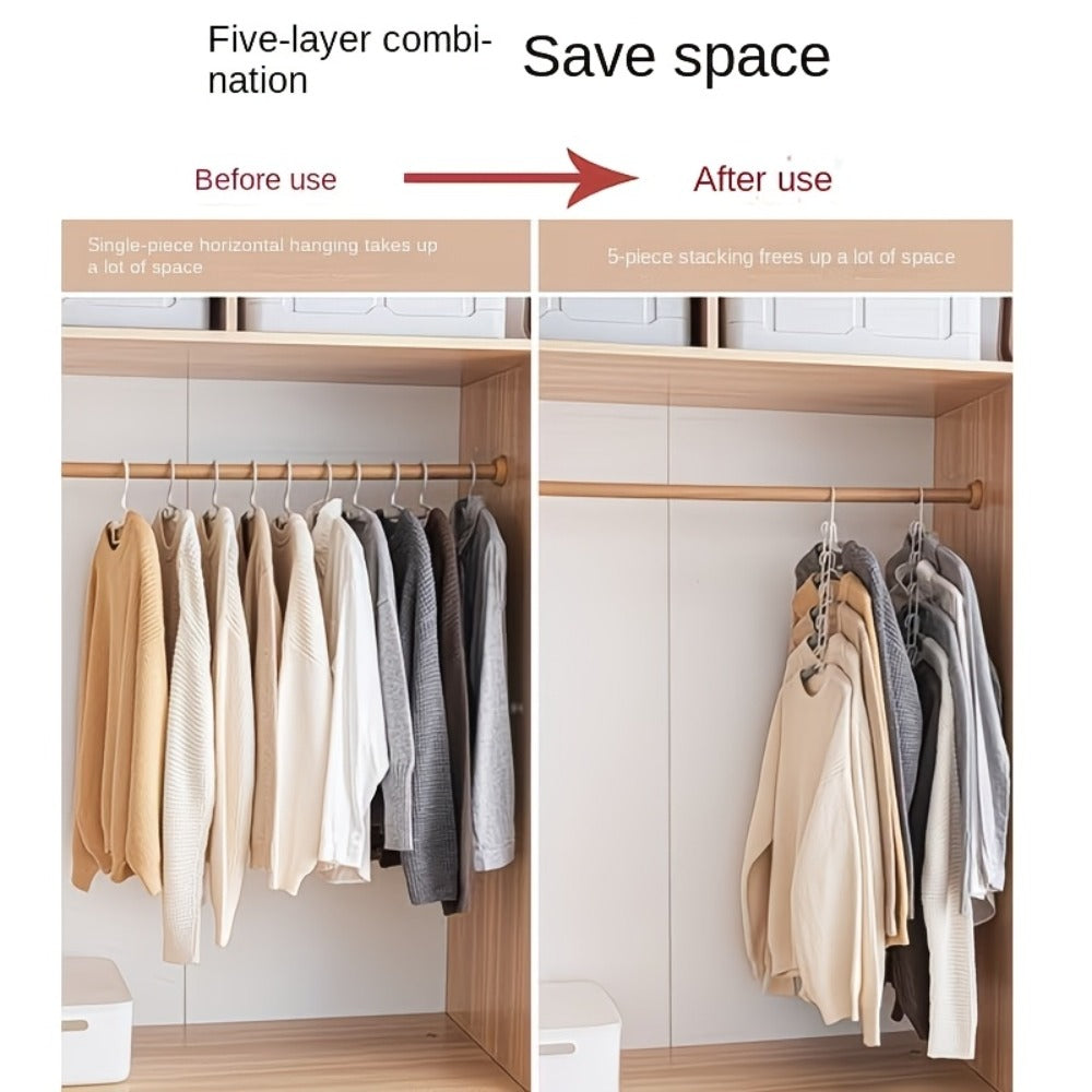 Five-Tier Cascading Clothes Hanger Organizers with Padded Arms in a Two-Piece Black Set for Closets