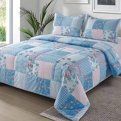 3-Piece Duvet Cover Set with Floral Patchwork Print in Blue, Green or Pink and Four Size Options
