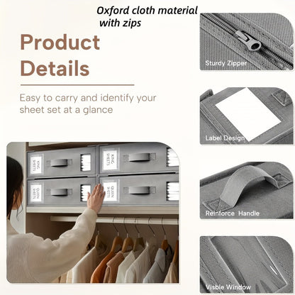Bed Sheet Storage Organizer Boxes 4-Pack Foldable Fabric Bins with Clear Window & Label, Closet Bedding Storage Box for Sheets Duvet Covers Blankets Pillowcases, Oxford or Non-Woven, Grey Beige