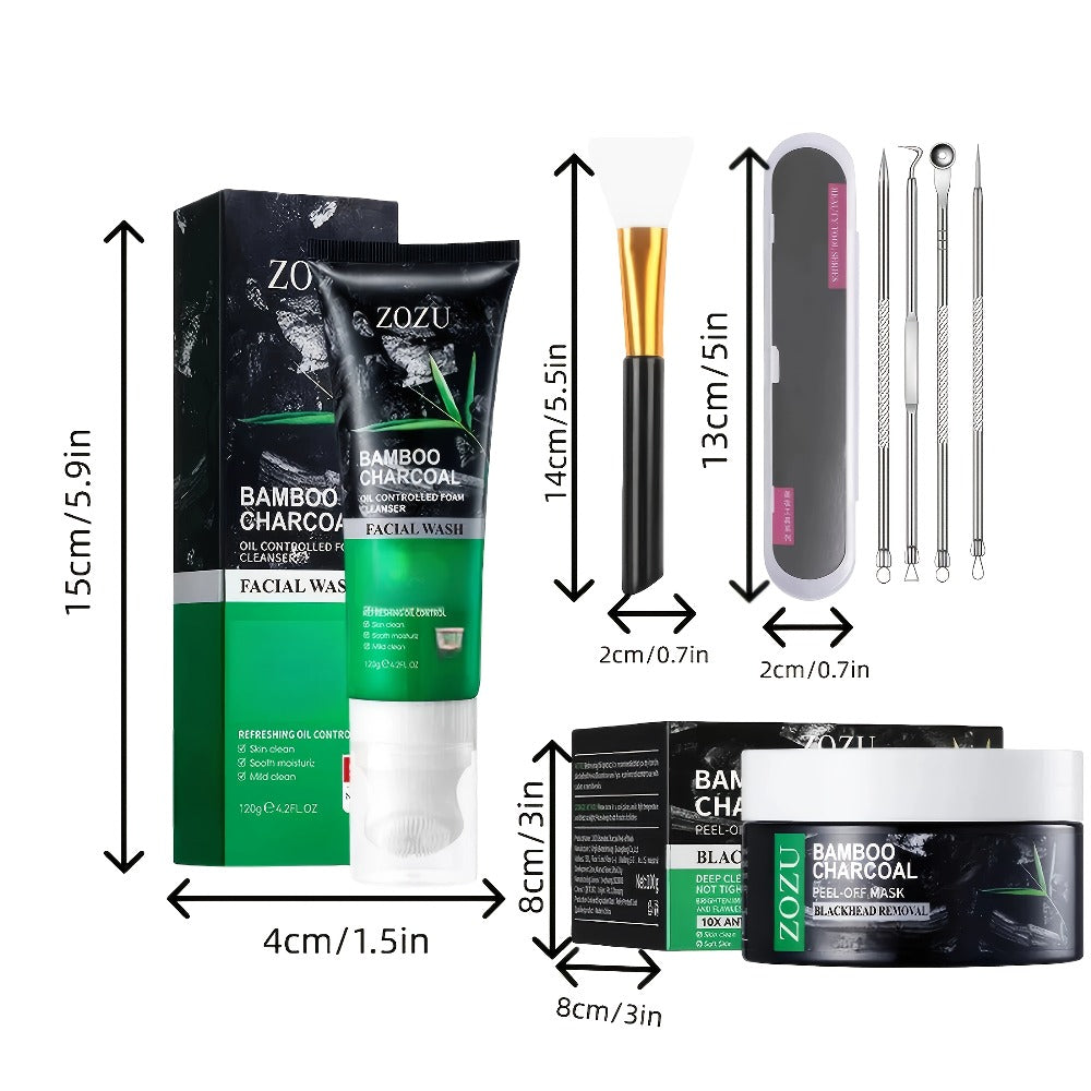 Skincare Set with ZOZU Label, 4 Bamboo Charcoal Items Including Cleanser Mask Essence and Brush Tool