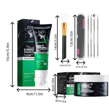 Skincare Set with ZOZU Label, 4 Bamboo Charcoal Items Including Cleanser Mask Essence and Brush Tool