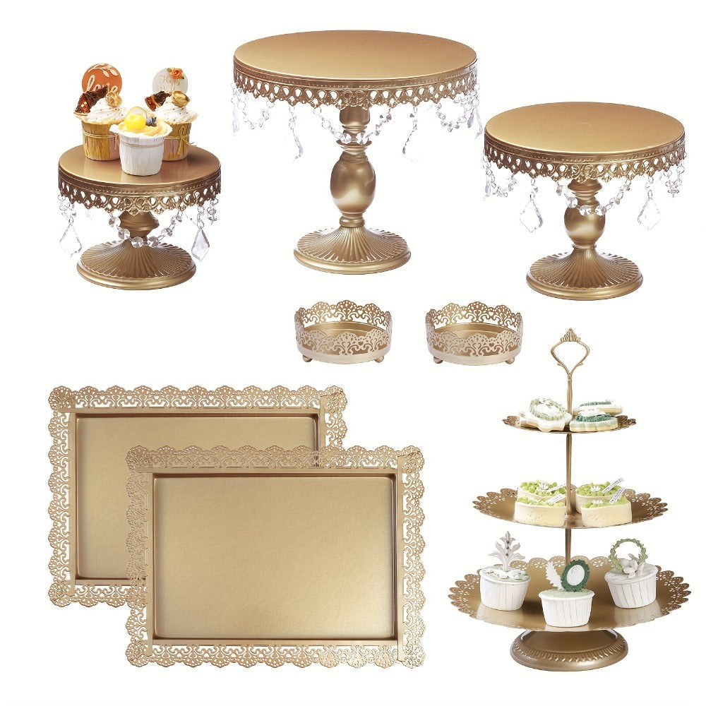 Cake Stand Set of 8 with Crystal Pendants 3-Tier Cupcake Tower Metal Dessert Display for Wedding Birthday Baby Shower Party Decor