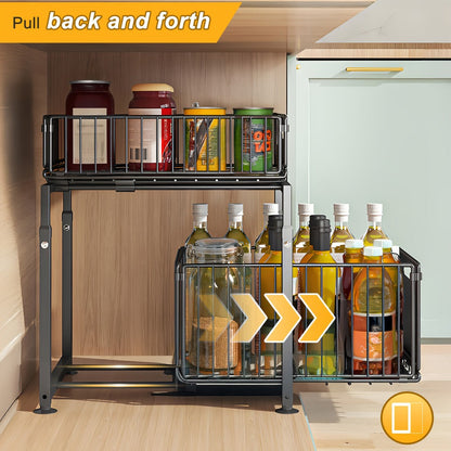 2-Tier Pull Out Cabinet Organizer No Drill Slide Out Shelf Kitchen Pantry Storage Roll Out Drawer Black