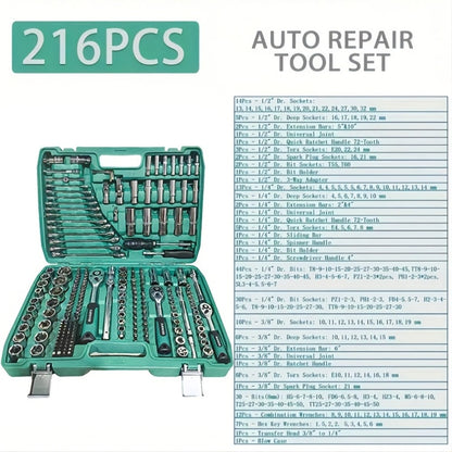 216-Piece Professional Socket Set 1/4" 3/8" 1/2" Drive - S2 & CR-V Steel Ratchet Wrench Kit with Deep & Standard Sockets for Auto Repair Automotive Mechanic