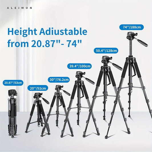 Camera Tripod 74 Inch Aluminum Alloy Heavy Duty with Dual Quick Release Plate, Phone Clip & Carrying Bag – Professional Stand for DSLR, Mirrorless, Webcam, Projector & Spotting Scope