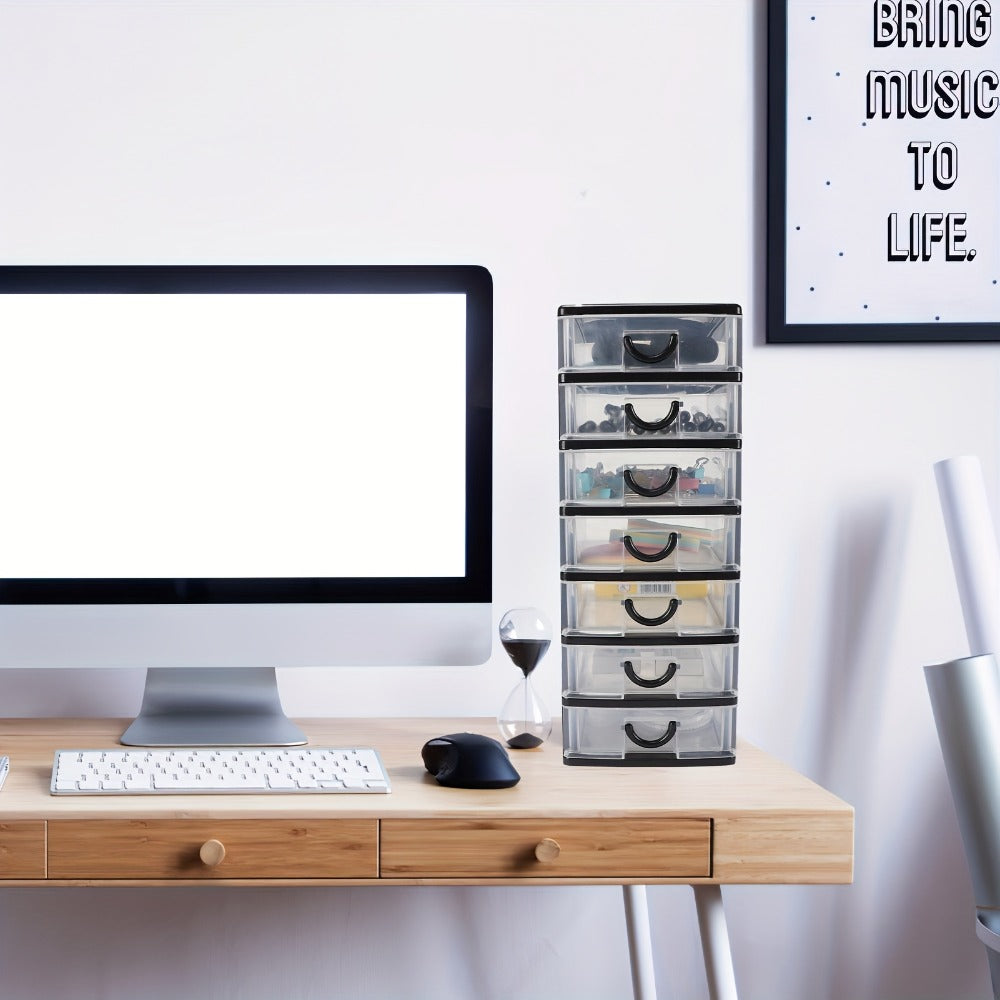 Seven-Drawer Desktop Organizer in Black or White, One- or Two-Piece Set with Clear Front Drawers