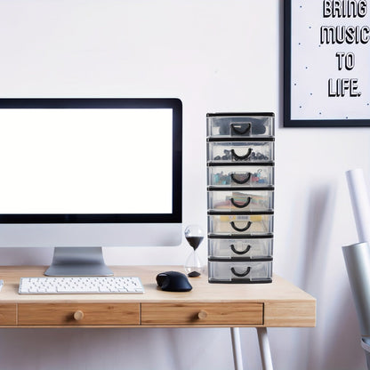 Seven-Drawer Desktop Organizer in Black or White, One- or Two-Piece Set with Clear Front Drawers