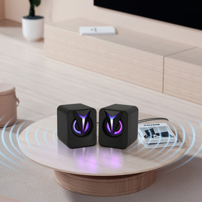 USB Powered Computer Speakers 2.0 Mini Stereo Desk Audio System with RGB Lights, Volume Control, 3.5mm AUX Input, HiFi Sound for PC, Laptop, Tablet & Phone — Plug and Play, No Driver Needed