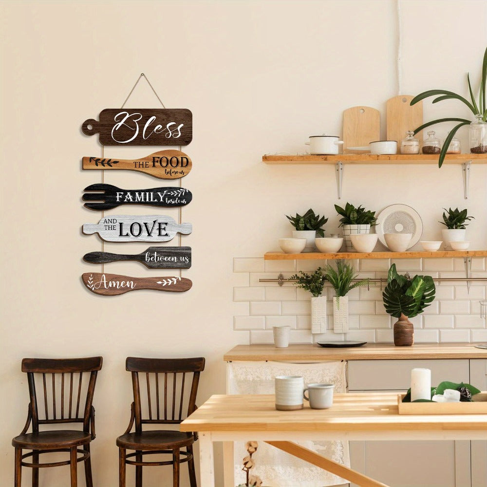 Farmhouse Wall Decor Wood Sign Set - "Bless The Food Before Us" Rustic Kitchen Dining Room Hanging Plaque