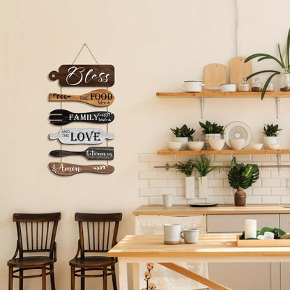Farmhouse Wall Decor Wood Sign Set - "Bless The Food Before Us" Rustic Kitchen Dining Room Hanging Plaque