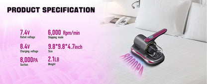 Cordless Mattress Vacuum Cleaner with 4500Pa Label, Two-Speed Control, Clear Dust Cup and Purple Trim