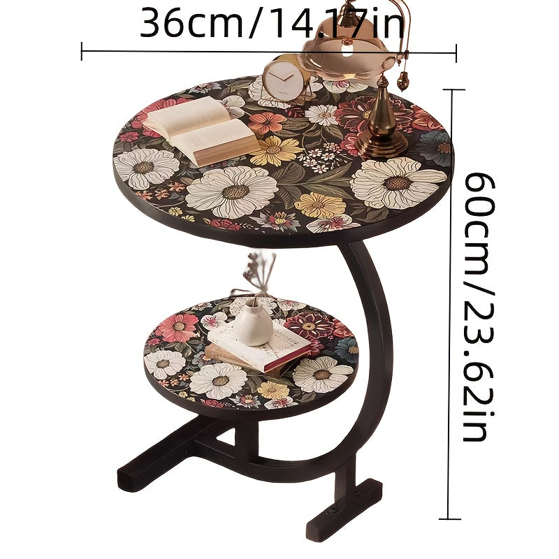 Side Table Round Floral Mandala Printed Top with Metal Frame for Indoor or Outdoor Accent Placement