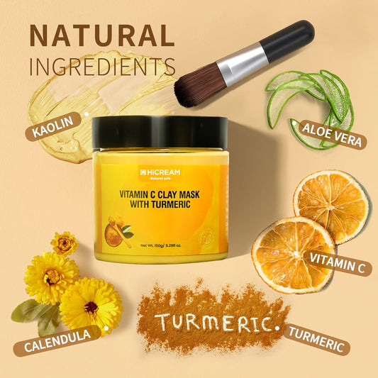 Vitamin C & Turmeric Clay Face Mask 5.29oz / 150g — Deep Cleansing Brightening Mud Mask Aloe Vera Calendula Low-Allergenic Dark Spot Corrector Pore Tightening All Skin Types Women