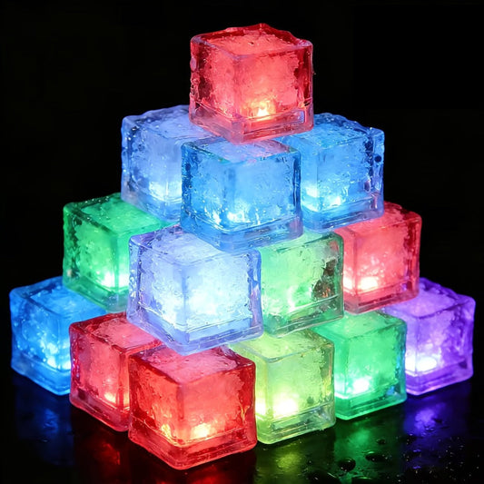 LED Ice Cube Lights Reusable Mixed Color, Flashing Sensory Light-Up Ice Cubes for Bar, Party & Wedding Decoration — Bulk Set of 24 or 48 | Eco-Friendly Promotional Event Lights