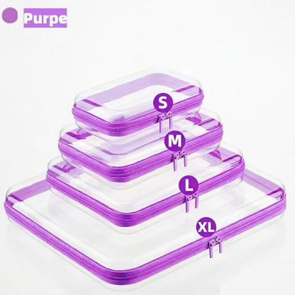 Four-Piece Storage Organizer Set with Clear Zipper Cases in S, M, L and XL Sizes and Four Trim Colors