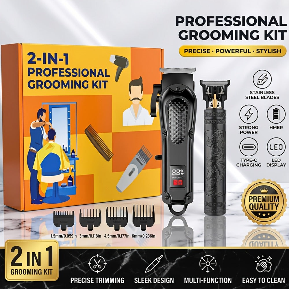 2-Piece Hair Clipper Set with Full-Size Clipper, Detail Trimmer, Guide Combs and USB Charging Accessories
