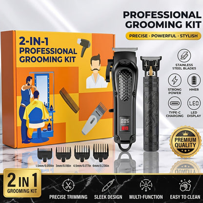 2-Piece Hair Clipper Set with Full-Size Clipper, Detail Trimmer, Guide Combs and USB Charging Accessories