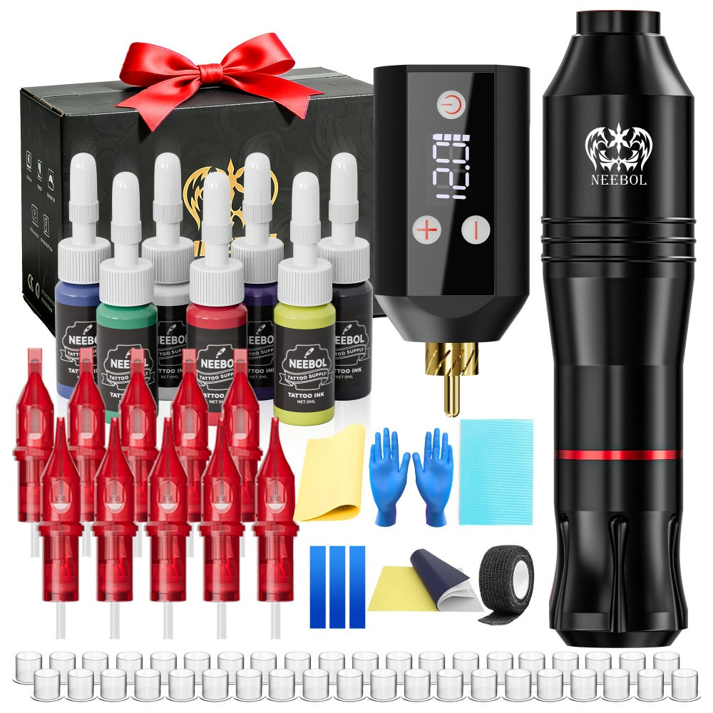 Tattoo Machine Kit Neebol Wireless Pen with Screen Display, 10 Cartridges, 7 Inks and Four Color or Pro Options