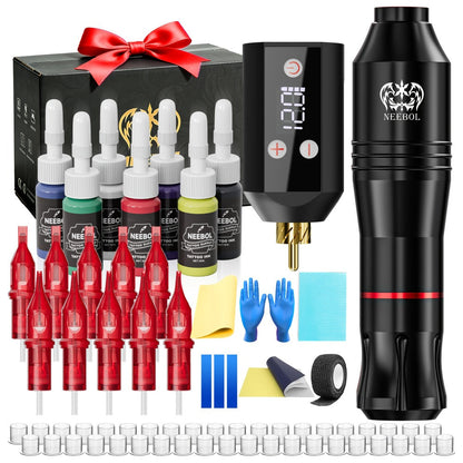 Tattoo Machine Kit Neebol Wireless Pen with Screen Display, 10 Cartridges, 7 Inks and Four Color or Pro Options
