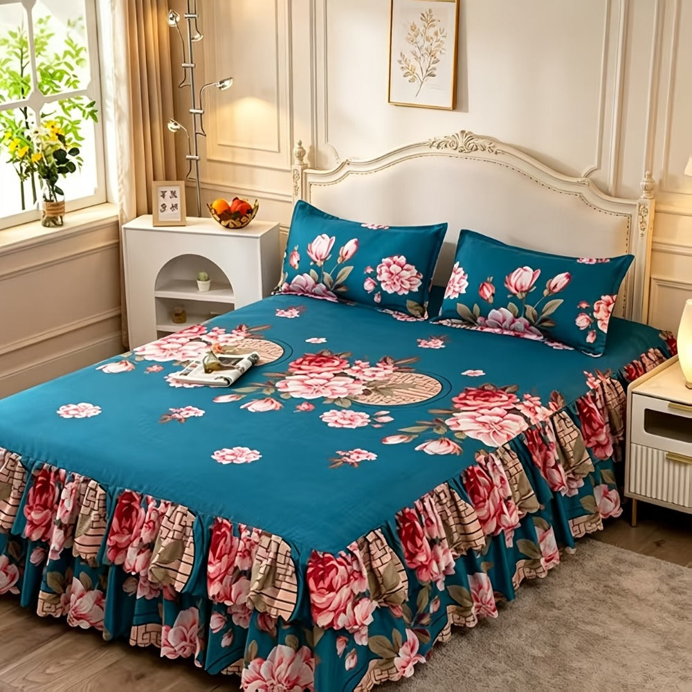 Three-Piece Floral Ruffle Bed Skirt Set with Two Pillowcases in Five Designs and Three Bed Sizes
