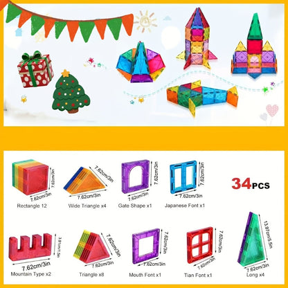 Magnetic Tiles 34-Piece Translucent Starter Building Set with Squares, Triangles, Gates and Window Shapes