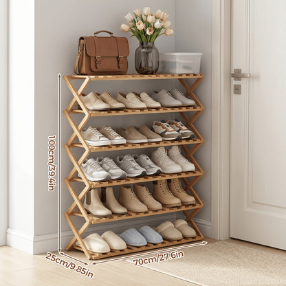Foldable Bamboo-Labeled Shoe Rack with Six- or Eight-Tier Primary and Brown Checkout Options