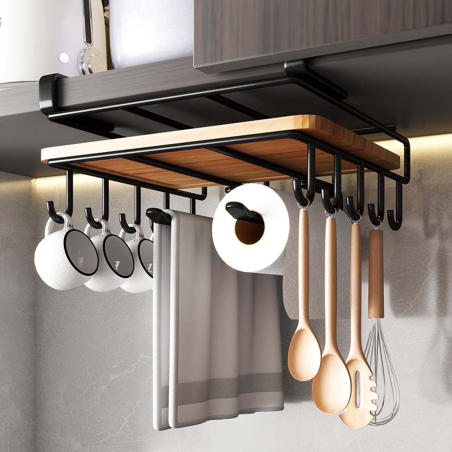 Under Cabinet Organizer Rack with Hooks – Heavy Duty Carbon Steel Kitchen Shelf for Utensils, Towels, Cups & Cutting Boards – No-Drill Door-Mount Space-Saving Kitchen Storage