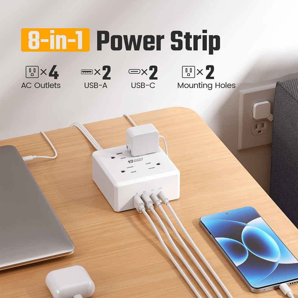 Widely Spaced Outlet Power Strip 8-in-1 with 4 AC Outlets & 4 Smart USB Ports, Surge Protector, 4ft Extension Cord, Portable Desktop Charging Station for Home, Office, Hotel, Dorm & RV – Multiple Colors