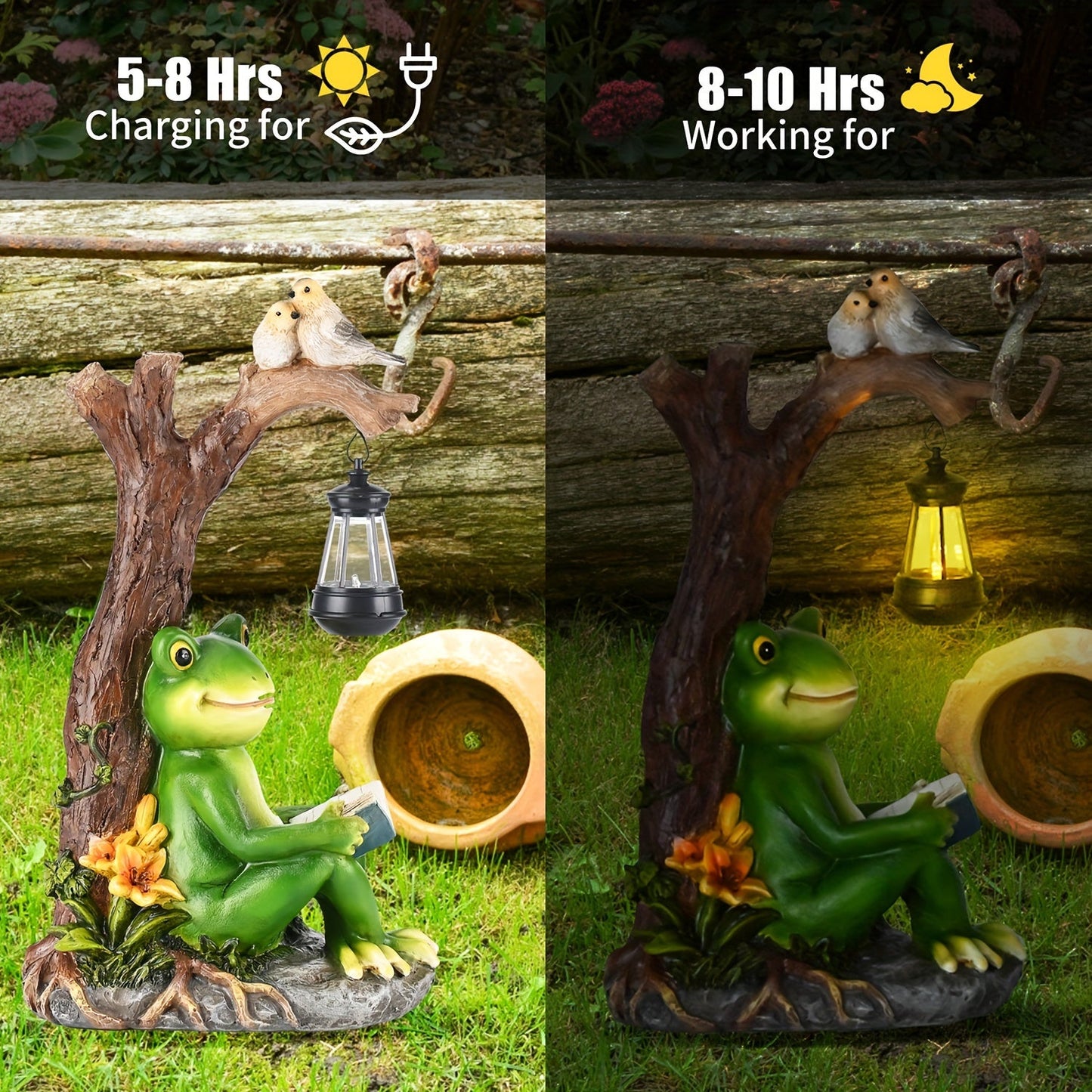 Solar Garden Lights Frog Reading Statue with Lantern, One-Piece Resin Lawn and Patio Ornament