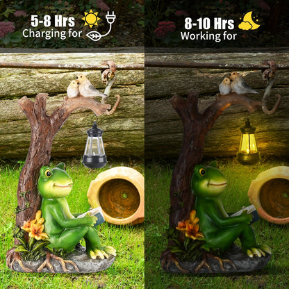 Solar Garden Lights Frog Reading Statue with Lantern, One-Piece Resin Lawn and Patio Ornament