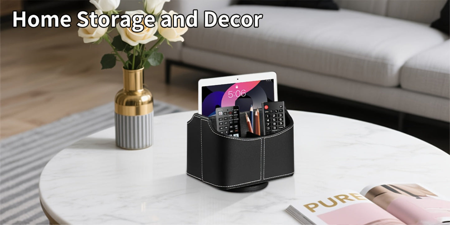 360° Swivel Remote Control Holder with 5 Compartments – PU Leather Desktop Organizer Caddy for TV Remotes, Phones, Glasses, Cosmetics & Stationery, Rotating Storage Box for Home Office Nightstand